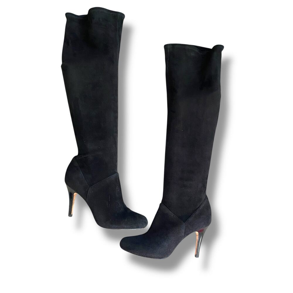Cole Haan High Heel Knee High Sock Boots Sz 7.5 Black Stretch Suede Nike Air